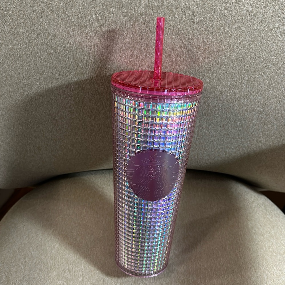 Starbucks Tumbler Iridescent Pink Silver Bubblegum Grid 24 Oz